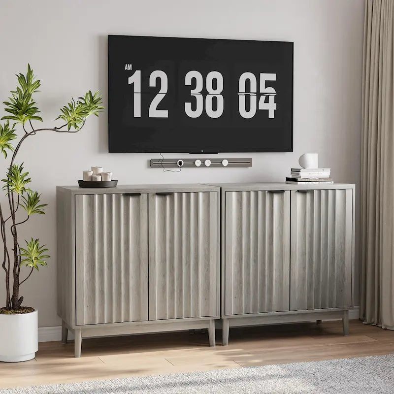 Fluted Sideboard Cabinet, Freestanding Wash Grey Buffet Cabinet with Adjustable Shelf, Wood Storage