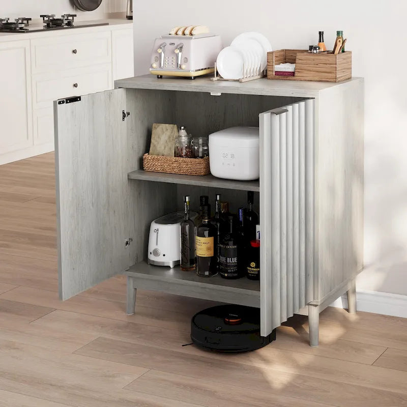 Fluted Sideboard Cabinet, Freestanding Wash Grey Buffet Cabinet with Adjustable Shelf, Wood Storage