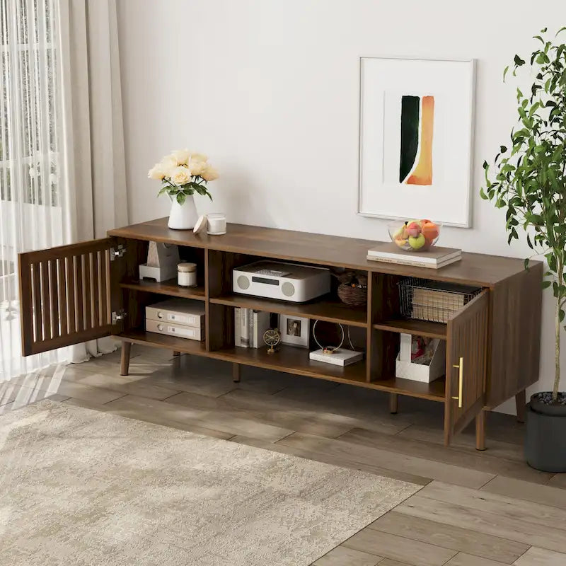 63 inch TV stand with 2 grille door cabinets and adjustable storage rack, Medieval modern TV cabinets with storage space