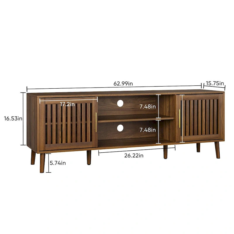 63 inch TV stand with 2 grille door cabinets and adjustable storage rack, Medieval modern TV cabinets with storage space