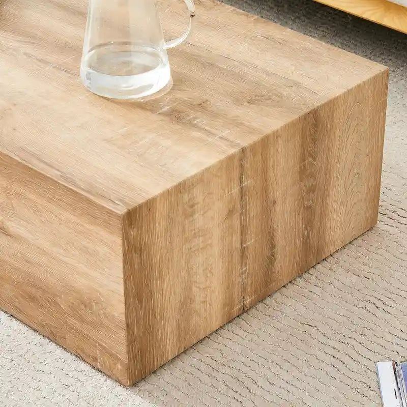 Modern Rectangular Coffee Table with Solid Base, Wooden Center Table with Imitation Marble Texture for Living Room