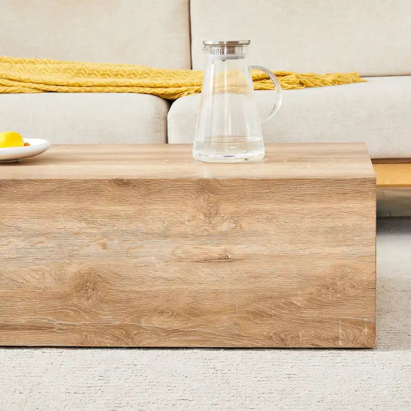 Modern Rectangular Coffee Table with Solid Base, Wooden Center Table with Imitation Marble Texture for Living Room