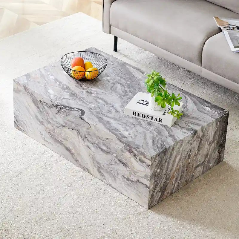 Modern Rectangular Coffee Table with Solid Base, Wooden Center Table with Imitation Marble Texture for Living Room