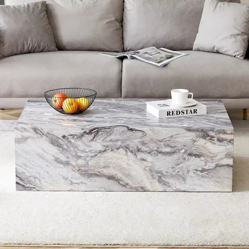 Modern Rectangular Coffee Table with Solid Base, Wooden Center Table with Imitation Marble Texture for Living Room