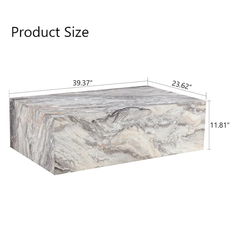Modern Rectangular Coffee Table with Solid Base, Wooden Center Table with Imitation Marble Texture for Living Room