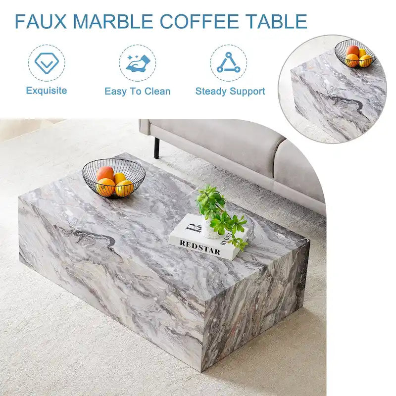 Modern Rectangular Coffee Table with Solid Base, Wooden Center Table with Imitation Marble Texture for Living Room