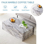 Modern Rectangular Coffee Table with Solid Base, Wooden Center Table with Imitation Marble Texture for Living Room