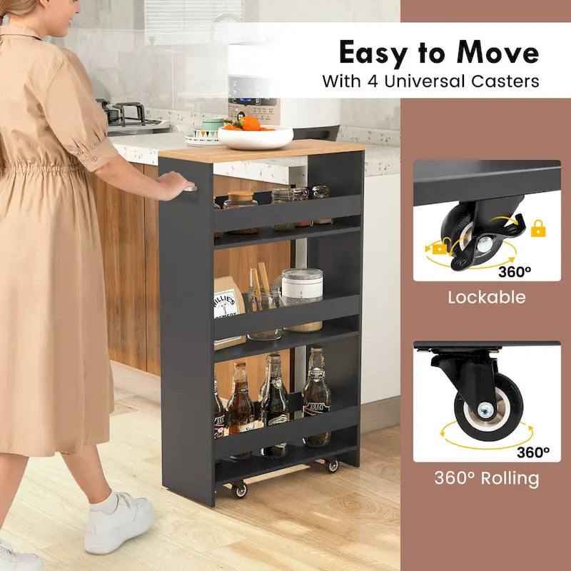 4-Tier Slim Rolling Storage Cart on Wheels, 8-Slot Kitchen Organizer with Lockable Casters