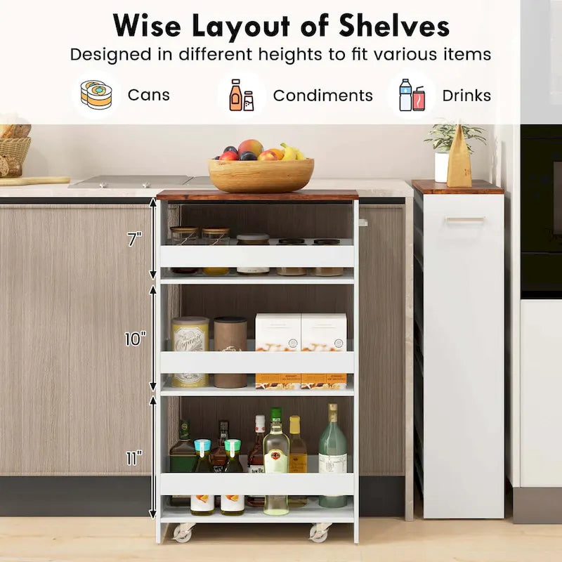 4-Tier Slim Rolling Storage Cart on Wheels, 8-Slot Kitchen Organizer with Lockable Casters