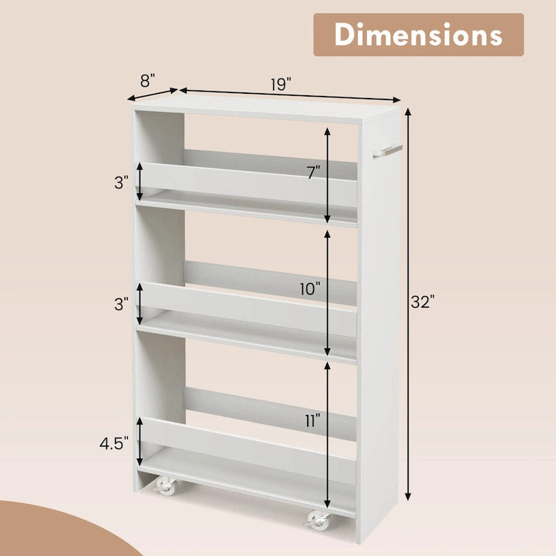 4-Tier Slim Rolling Storage Cart on Wheels, 8-Slot Kitchen Organizer with Lockable Casters