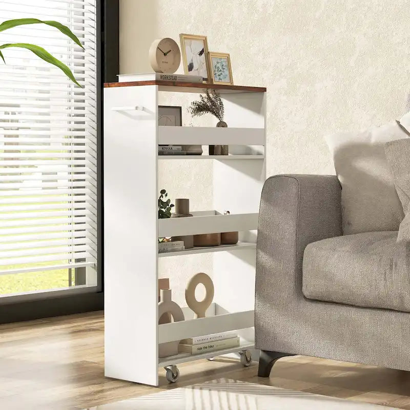 4-Tier Slim Rolling Storage Cart on Wheels, 8-Slot Kitchen Organizer with Lockable Casters