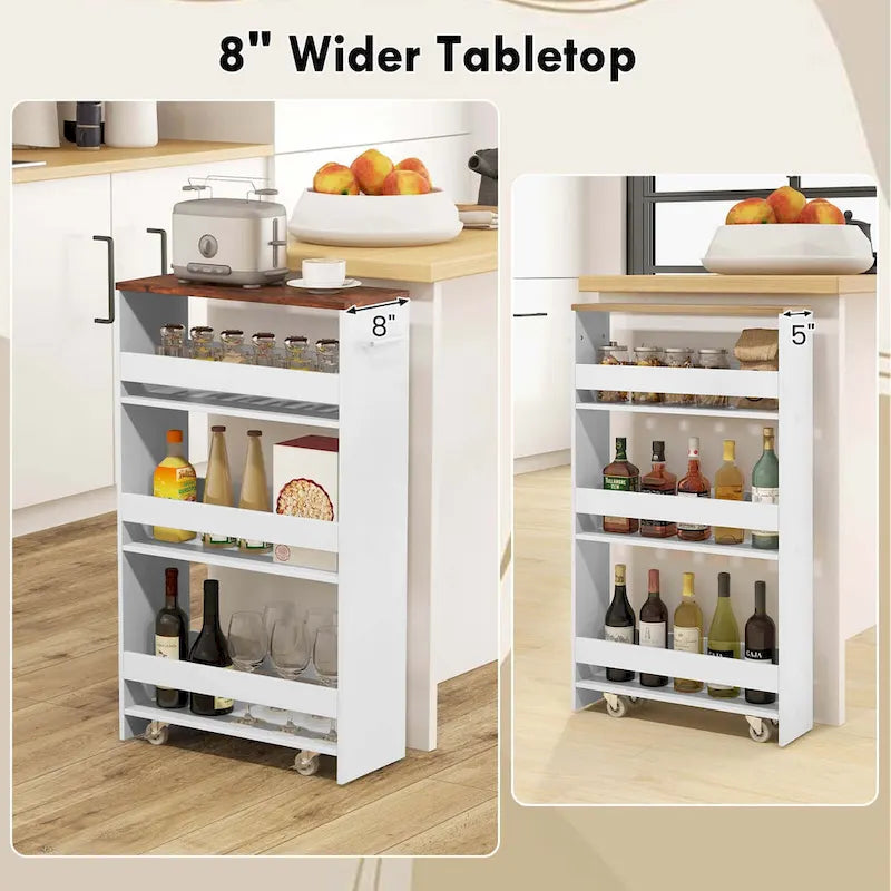 4-Tier Slim Rolling Storage Cart on Wheels, 8-Slot Kitchen Organizer with Lockable Casters