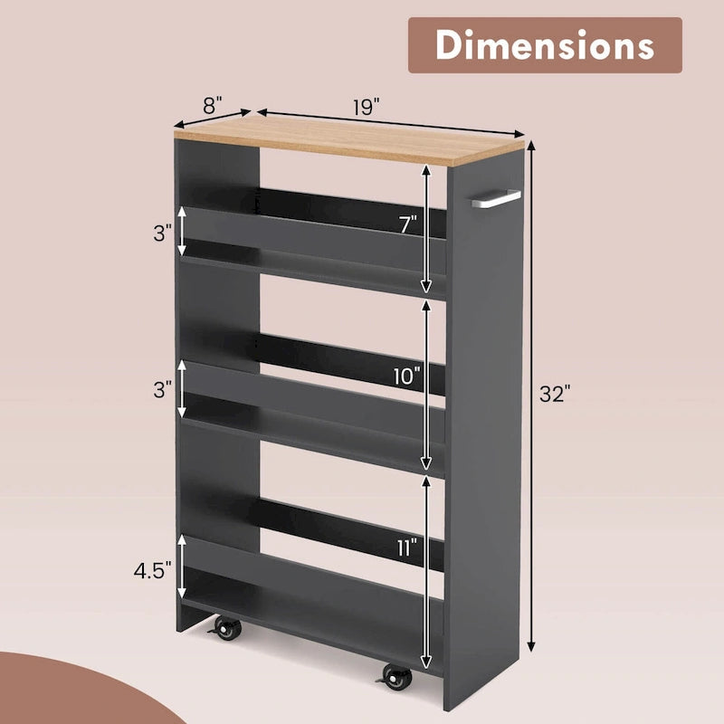 4-Tier Slim Rolling Storage Cart on Wheels, 8-Slot Kitchen Organizer with Lockable Casters