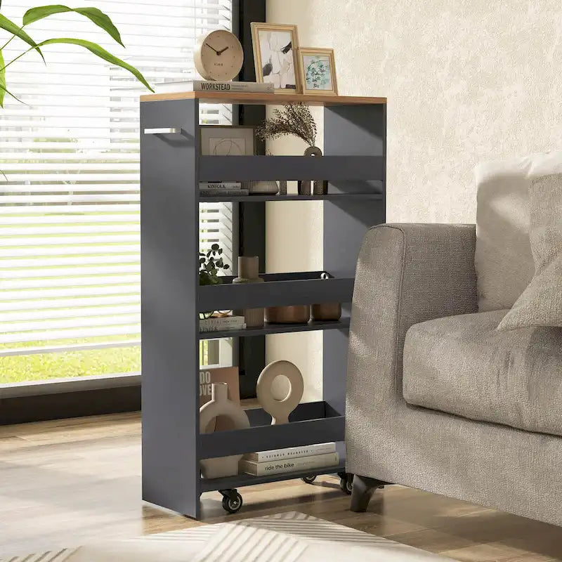 4-Tier Slim Rolling Storage Cart on Wheels, 8-Slot Kitchen Organizer with Lockable Casters
