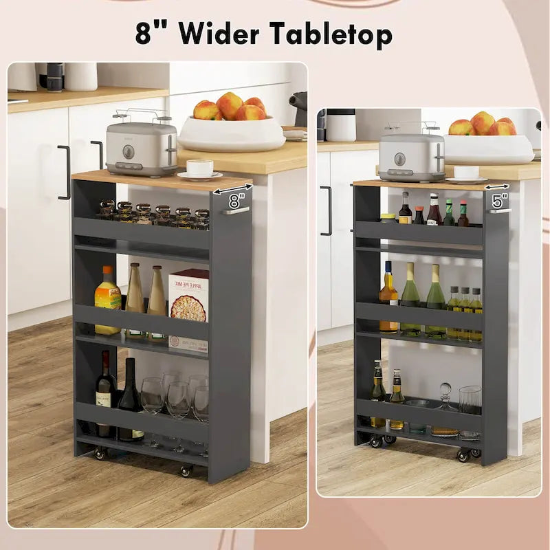 4-Tier Slim Rolling Storage Cart on Wheels, 8-Slot Kitchen Organizer with Lockable Casters