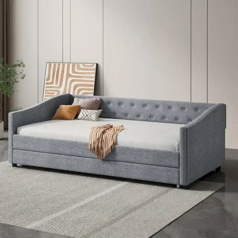 Twin Tufted Daybed Sofa with 2 Storage Drawers and Waved Arms, 500 lbs Capacity