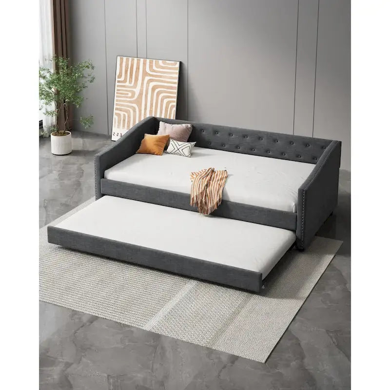 Twin Tufted Daybed Sofa with 2 Storage Drawers and Waved Arms, 500 lbs Capacity