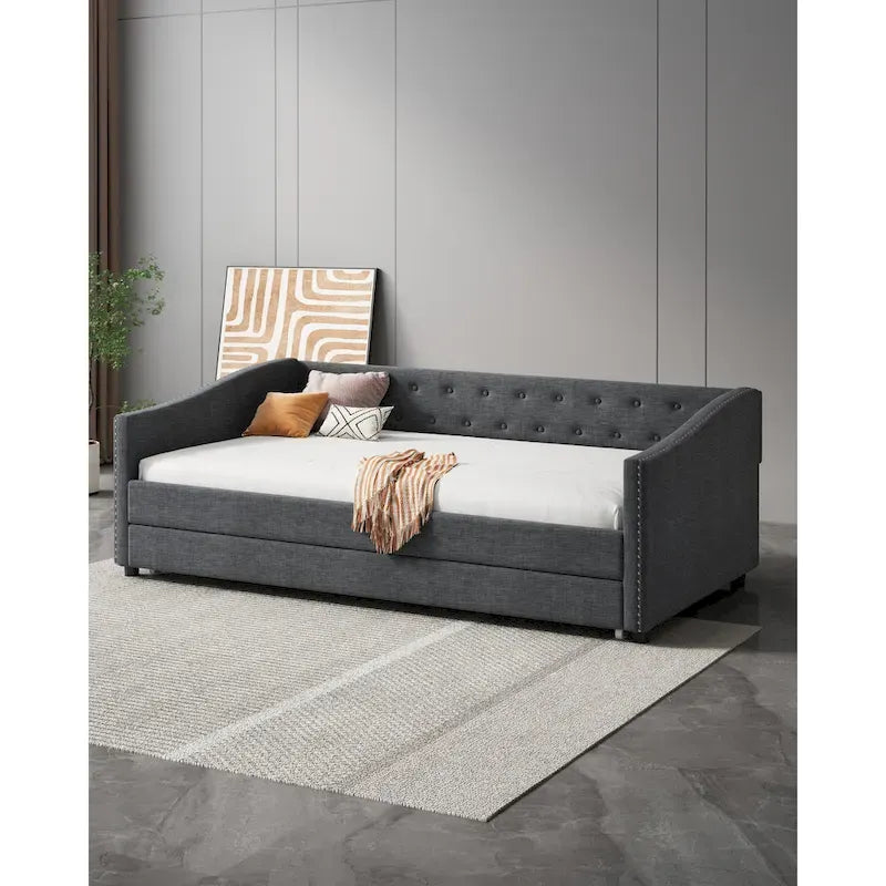 Twin Tufted Daybed Sofa with 2 Storage Drawers and Waved Arms, 500 lbs Capacity
