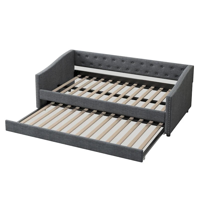 Twin Tufted Daybed Sofa with 2 Storage Drawers and Waved Arms, 500 lbs Capacity