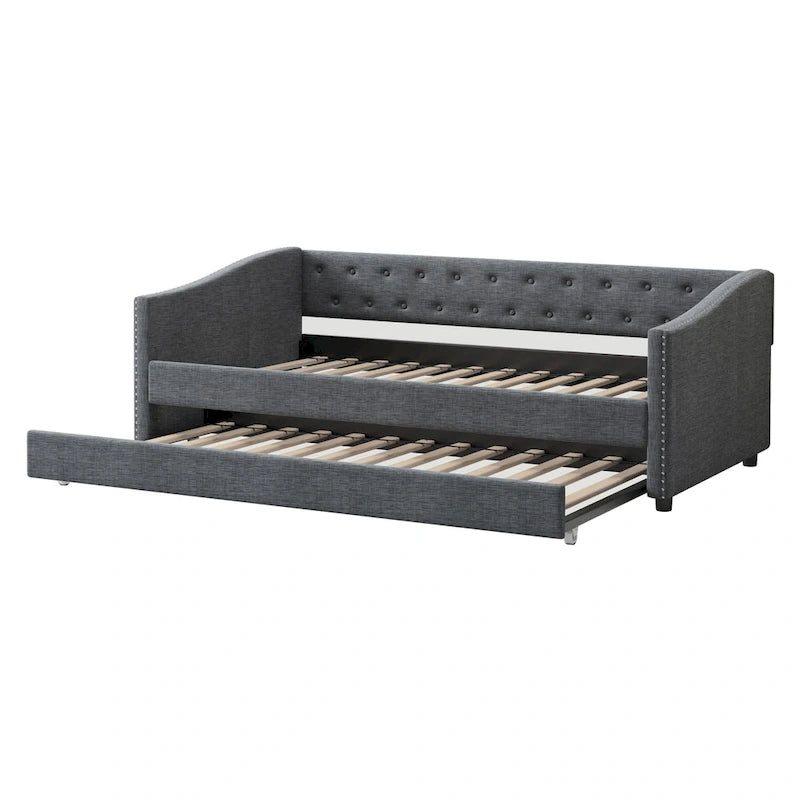 Twin Tufted Daybed Sofa with 2 Storage Drawers and Waved Arms, 500 lbs Capacity
