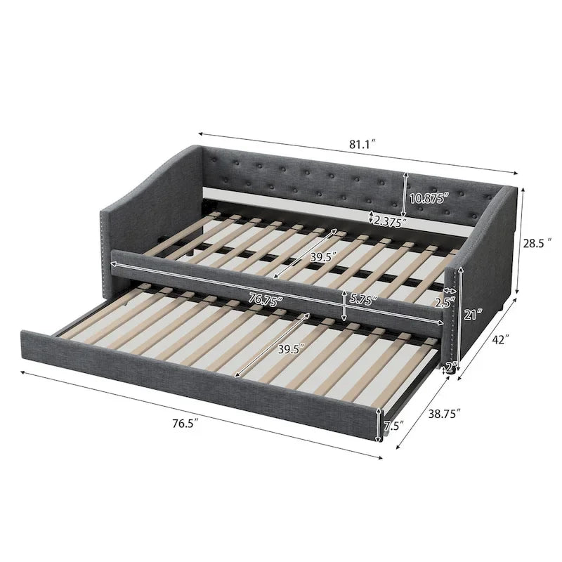 Twin Tufted Daybed Sofa with 2 Storage Drawers and Waved Arms, 500 lbs Capacity