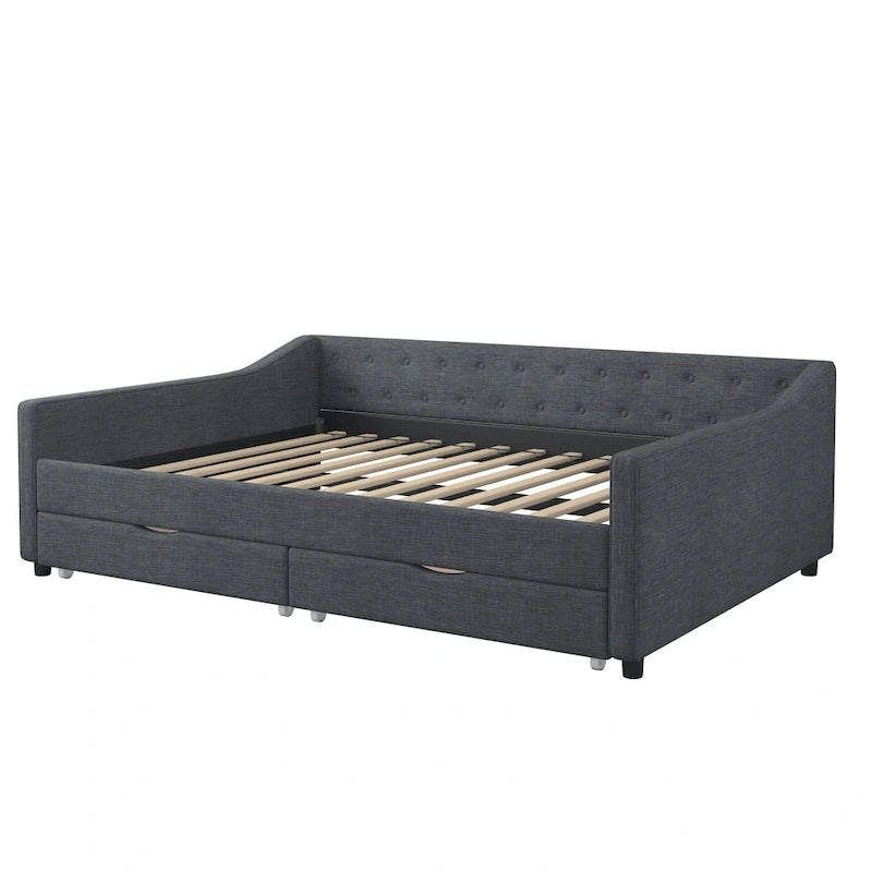 Twin Tufted Daybed Sofa with 2 Storage Drawers and Waved Arms, 500 lbs Capacity