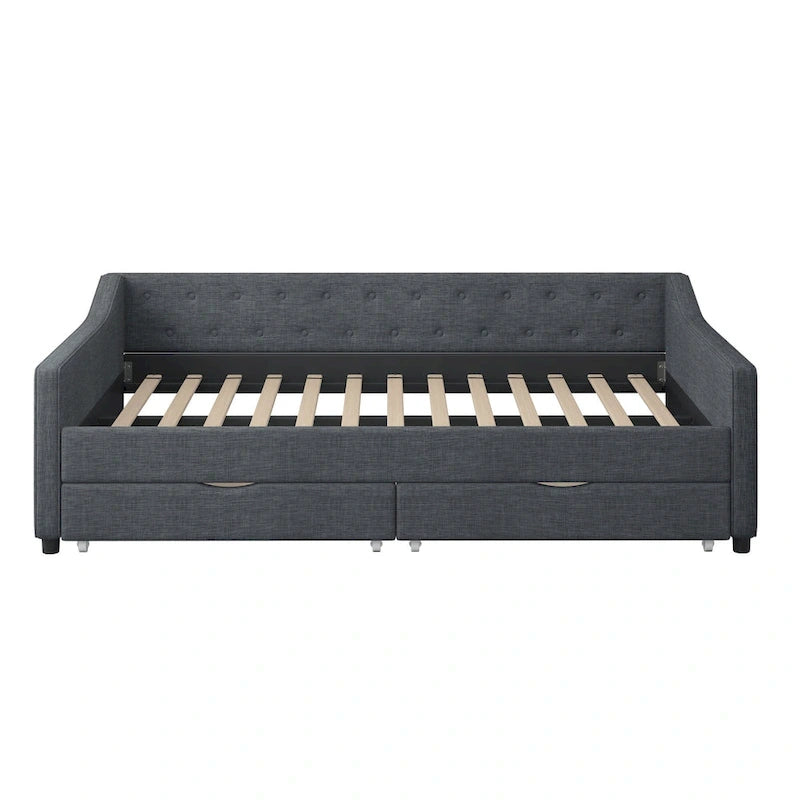 Twin Tufted Daybed Sofa with 2 Storage Drawers and Waved Arms, 500 lbs Capacity