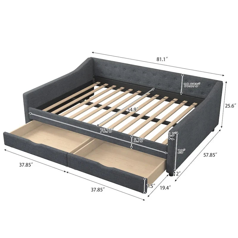 Twin Tufted Daybed Sofa with 2 Storage Drawers and Waved Arms, 500 lbs Capacity