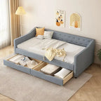 Twin Tufted Daybed Sofa with 2 Storage Drawers and Waved Arms, 500 lbs Capacity