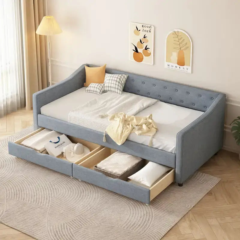 Twin Tufted Daybed Sofa with 2 Storage Drawers and Waved Arms, 500 lbs Capacity