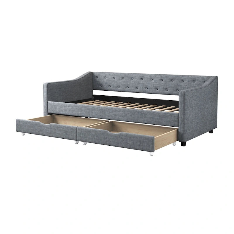 Twin Tufted Daybed Sofa with 2 Storage Drawers and Waved Arms, 500 lbs Capacity