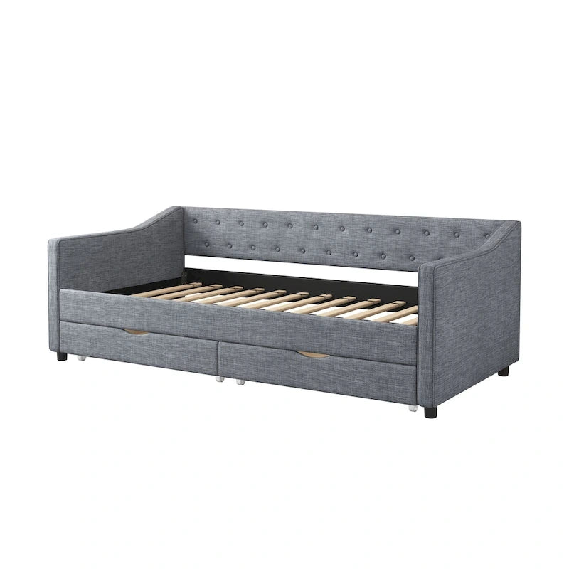 Twin Tufted Daybed Sofa with 2 Storage Drawers and Waved Arms, 500 lbs Capacity