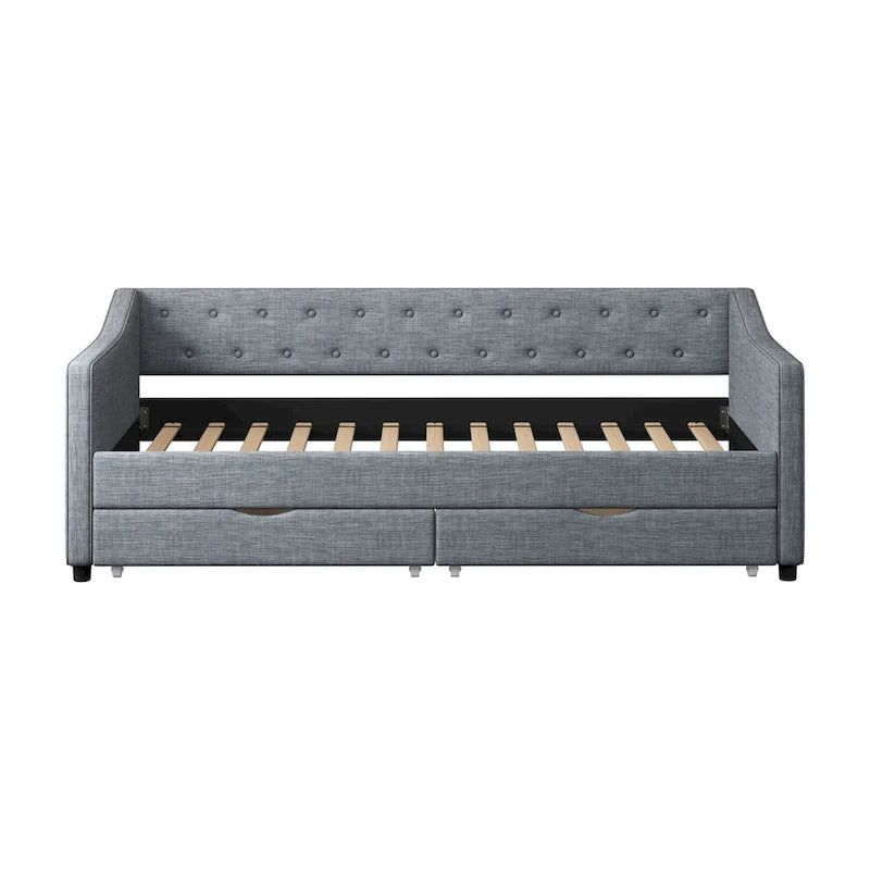 Twin Tufted Daybed Sofa with 2 Storage Drawers and Waved Arms, 500 lbs Capacity