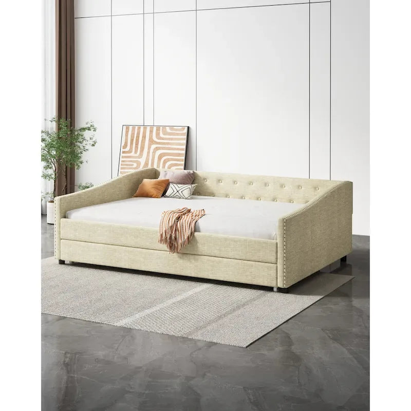 Twin Tufted Daybed Sofa with 2 Storage Drawers and Waved Arms, 500 lbs Capacity