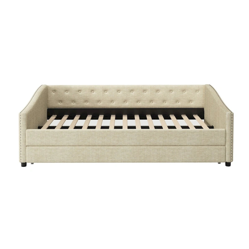 Twin Tufted Daybed Sofa with 2 Storage Drawers and Waved Arms, 500 lbs Capacity