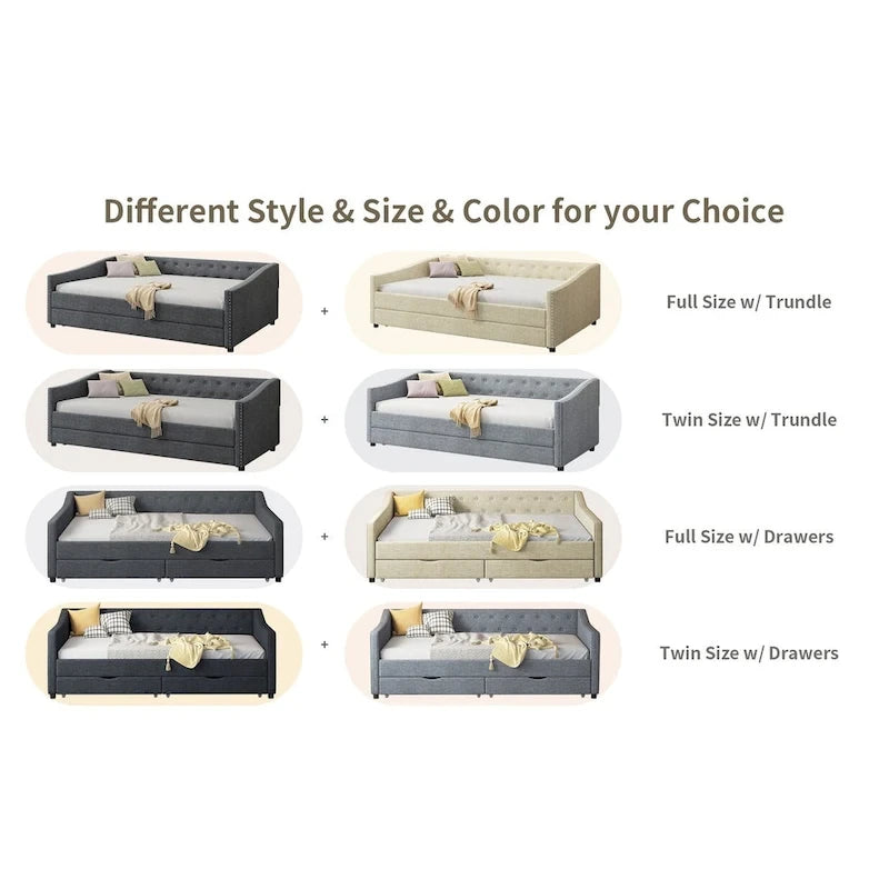 Twin Tufted Daybed Sofa with 2 Storage Drawers and Waved Arms, 500 lbs Capacity