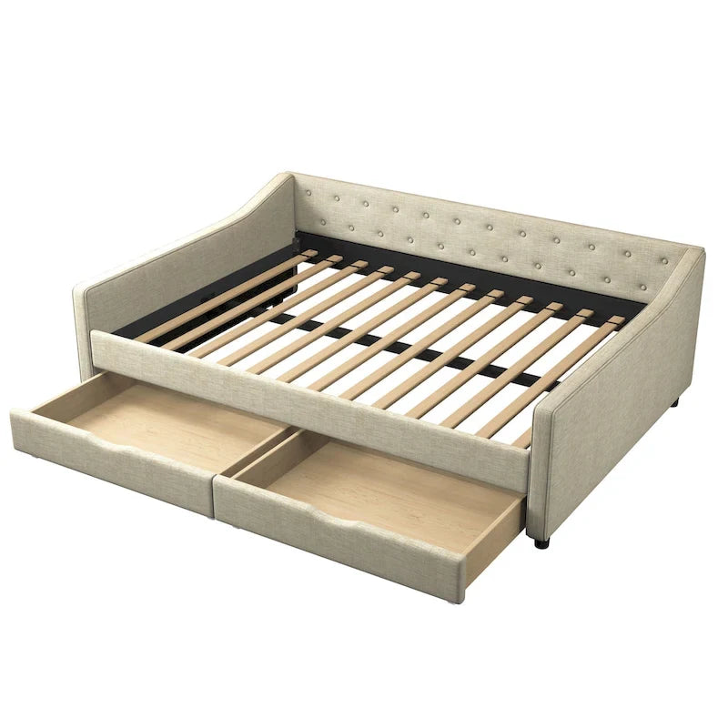 Twin Tufted Daybed Sofa with 2 Storage Drawers and Waved Arms, 500 lbs Capacity