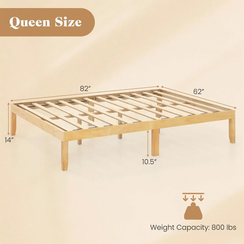 Twin/Full/Queen Wooden Platform Bed Frame, 14" Height, Rubber Wood Legs, 400-800 lbs Capacity