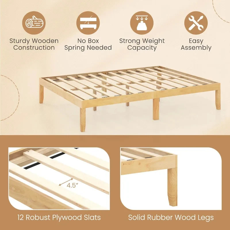 Twin/Full/Queen Wooden Platform Bed Frame, 14" Height, Rubber Wood Legs, 400-800 lbs Capacity
