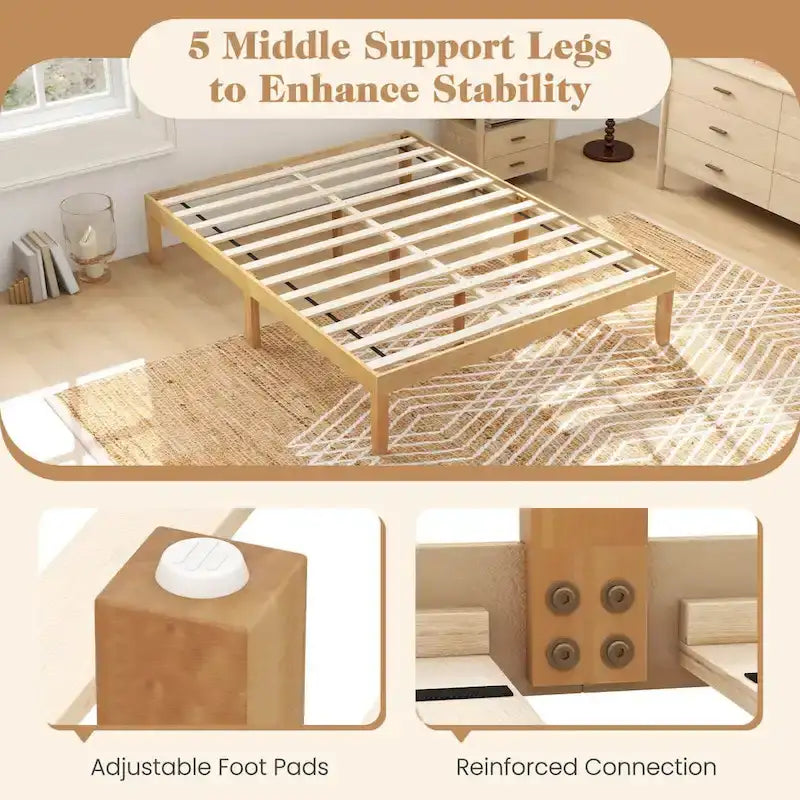 Twin/Full/Queen Wooden Platform Bed Frame, 14" Height, Rubber Wood Legs, 400-800 lbs Capacity