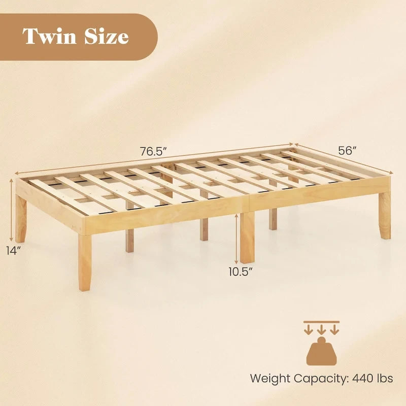 Twin/Full/Queen Wooden Platform Bed Frame, 14" Height, Rubber Wood Legs, 400-800 lbs Capacity