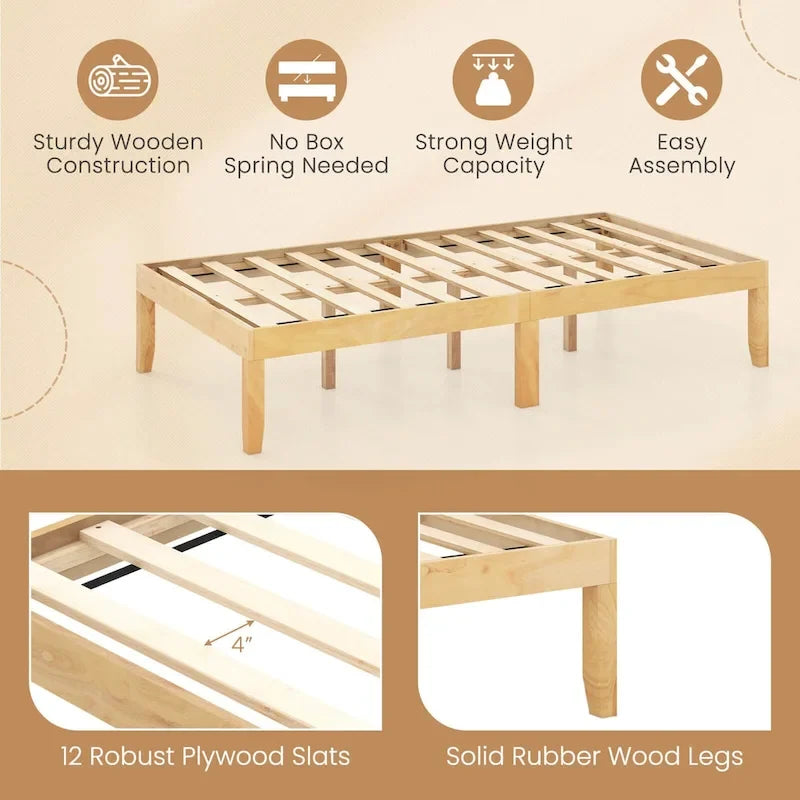 Twin/Full/Queen Wooden Platform Bed Frame, 14" Height, Rubber Wood Legs, 400-800 lbs Capacity