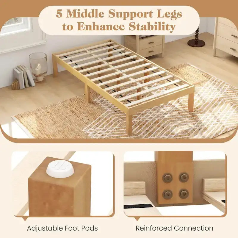 Twin/Full/Queen Wooden Platform Bed Frame, 14" Height, Rubber Wood Legs, 400-800 lbs Capacity
