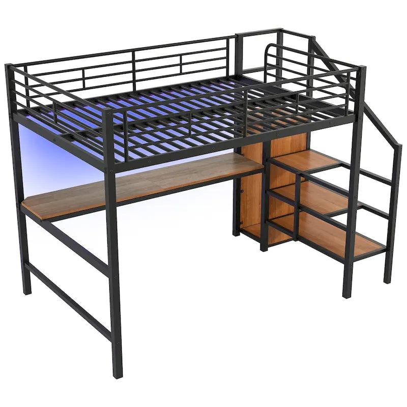 Full Size Loft Bed w/Desk,Storage Staircase,Small Wardrobe,LED Light