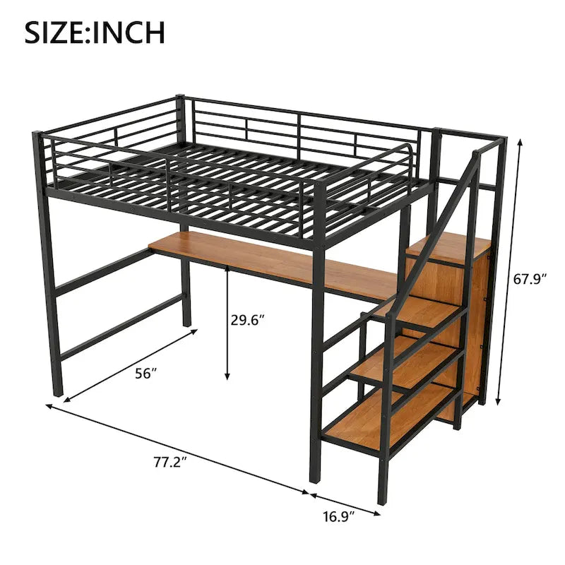 Full Size Loft Bed w/Desk,Storage Staircase,Small Wardrobe,LED Light