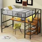 Full Size Loft Bed w/Desk,Storage Staircase,Small Wardrobe,LED Light