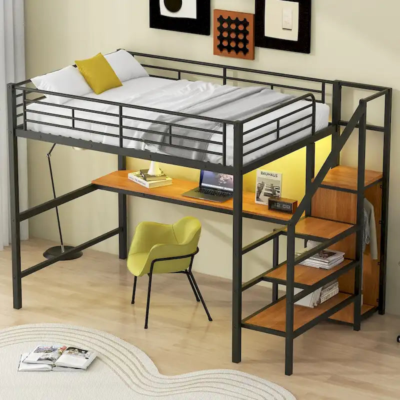 Full Size Loft Bed w/Desk,Storage Staircase,Small Wardrobe,LED Light
