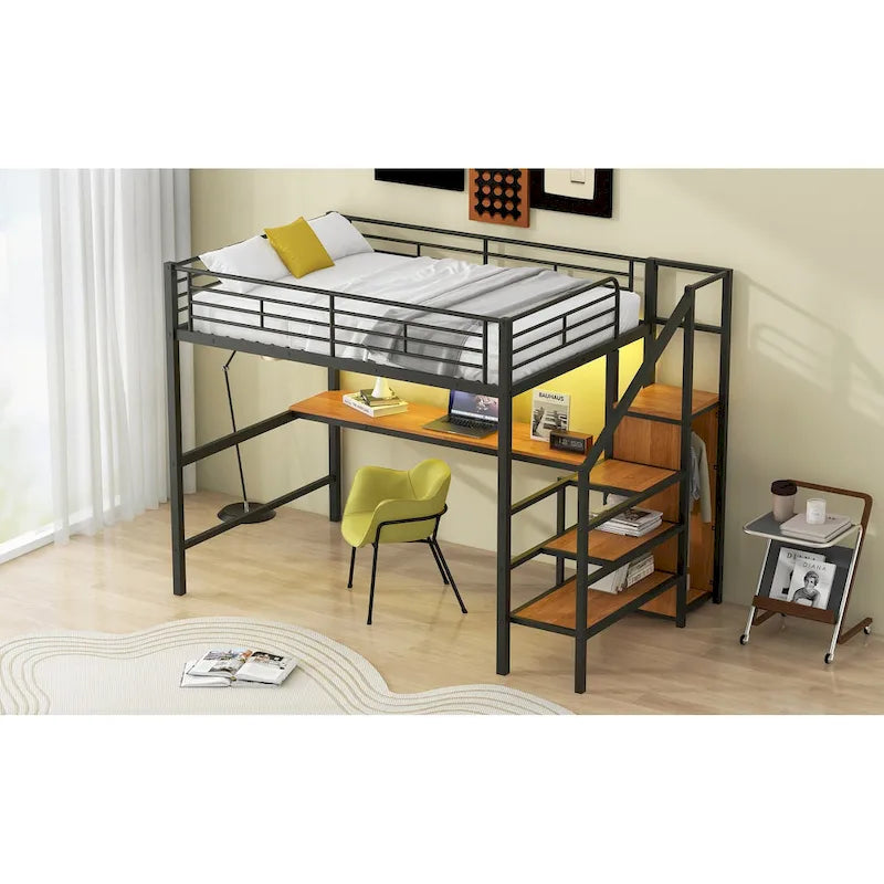 Full Size Loft Bed w/Desk,Storage Staircase,Small Wardrobe,LED Light