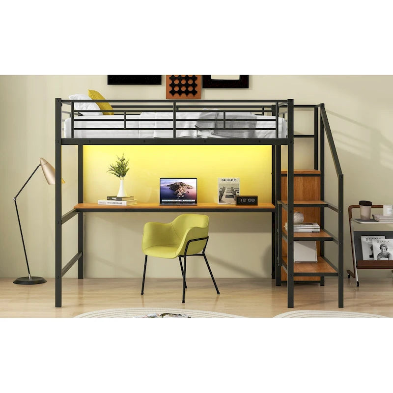 Full Size Loft Bed w/Desk,Storage Staircase,Small Wardrobe,LED Light