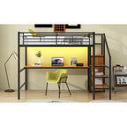 Full Size Loft Bed w/Desk,Storage Staircase,Small Wardrobe,LED Light
